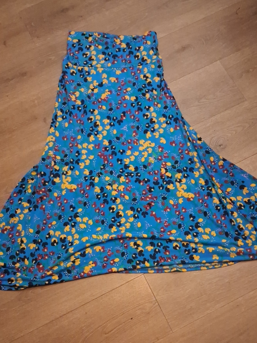 LuLaRoe Teal Blue Maxi Skirt with Yellow, Black & Red Floral Dots